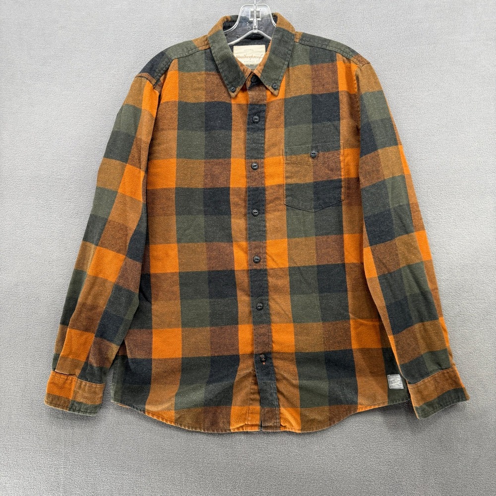 Weatherproof Vintage Flannel Shirt Mens Large L Orange Green Buffalo Plaid